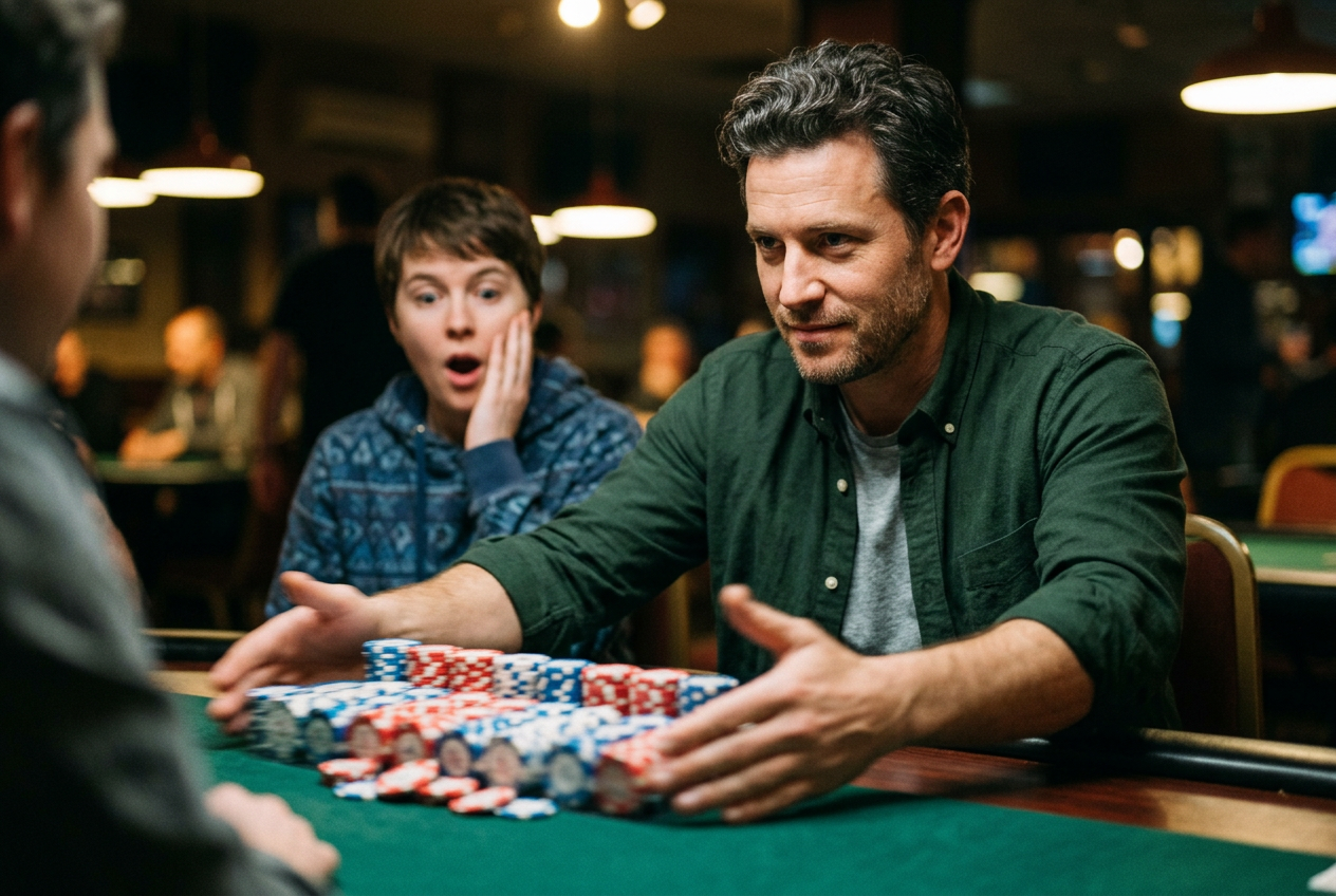 Man sliding stack of poker chips across table with calm confidence