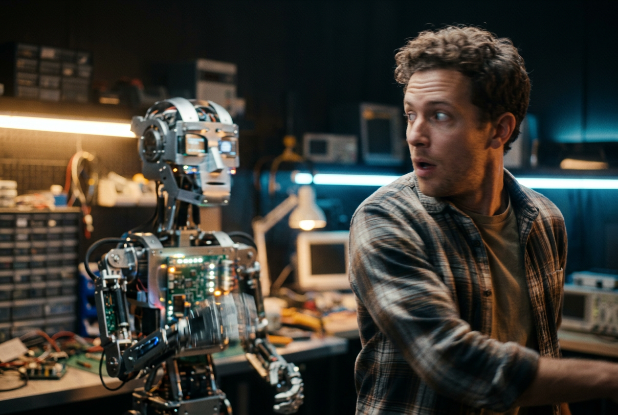Robot head bobbing to music while scanning data