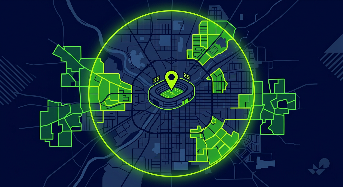 Map overlay showing host stadium 15-mile radius and target zip code clusters