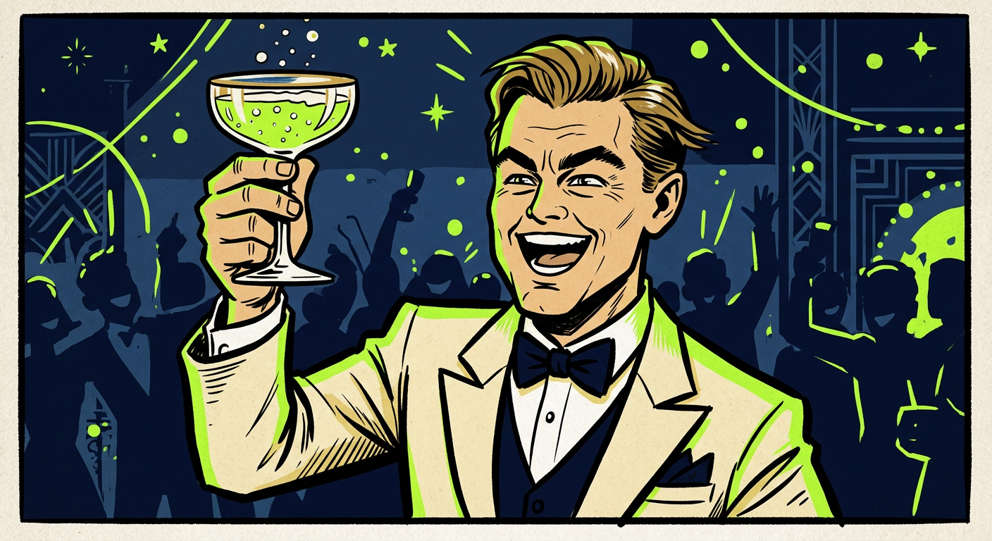 Leonardo DiCaprio raising a glass in The Great Gatsby
