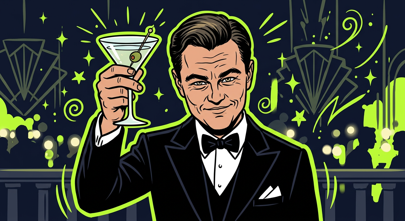 Leonardo DiCaprio raising a martini glass with a confident smirk in The Great Gatsby
