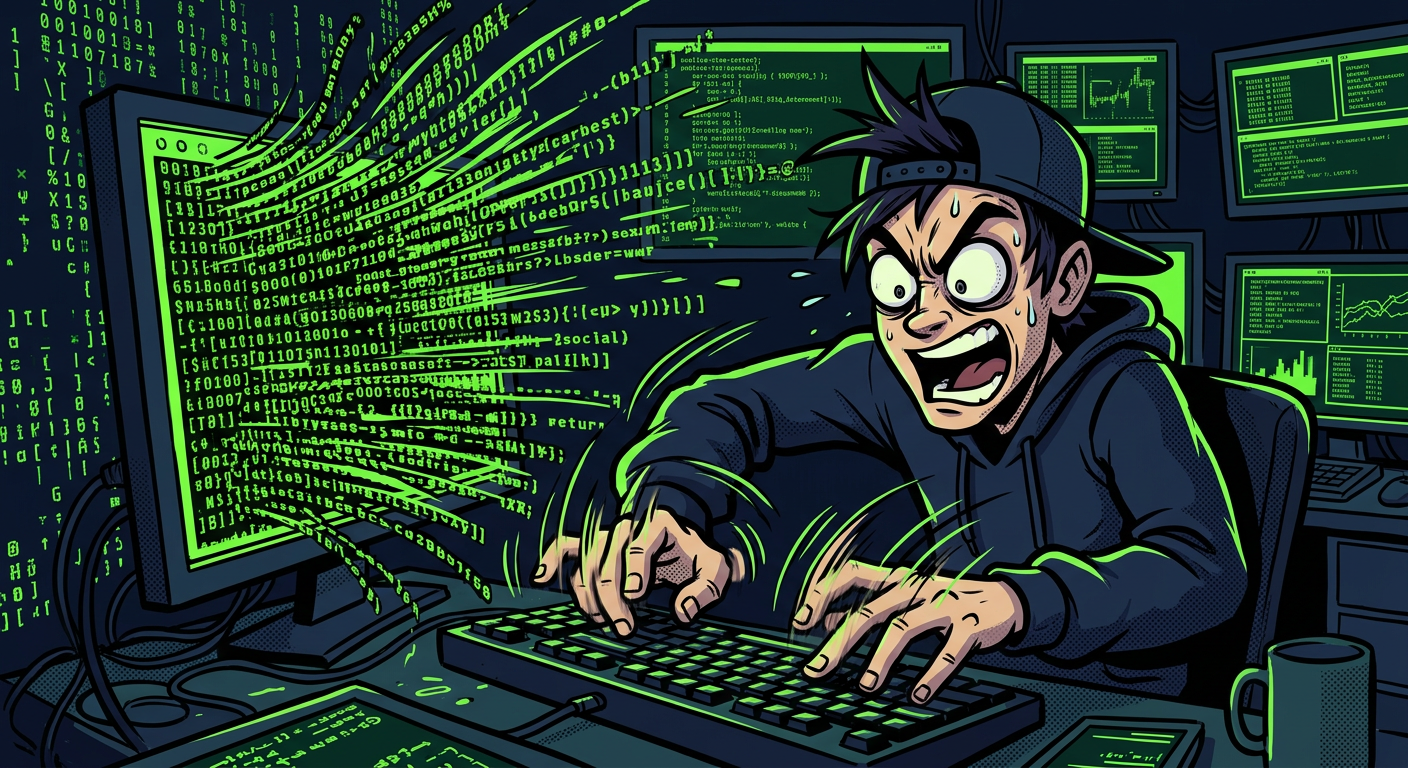 Computer hacker typing aggressively fast on keyboard with green code streaming