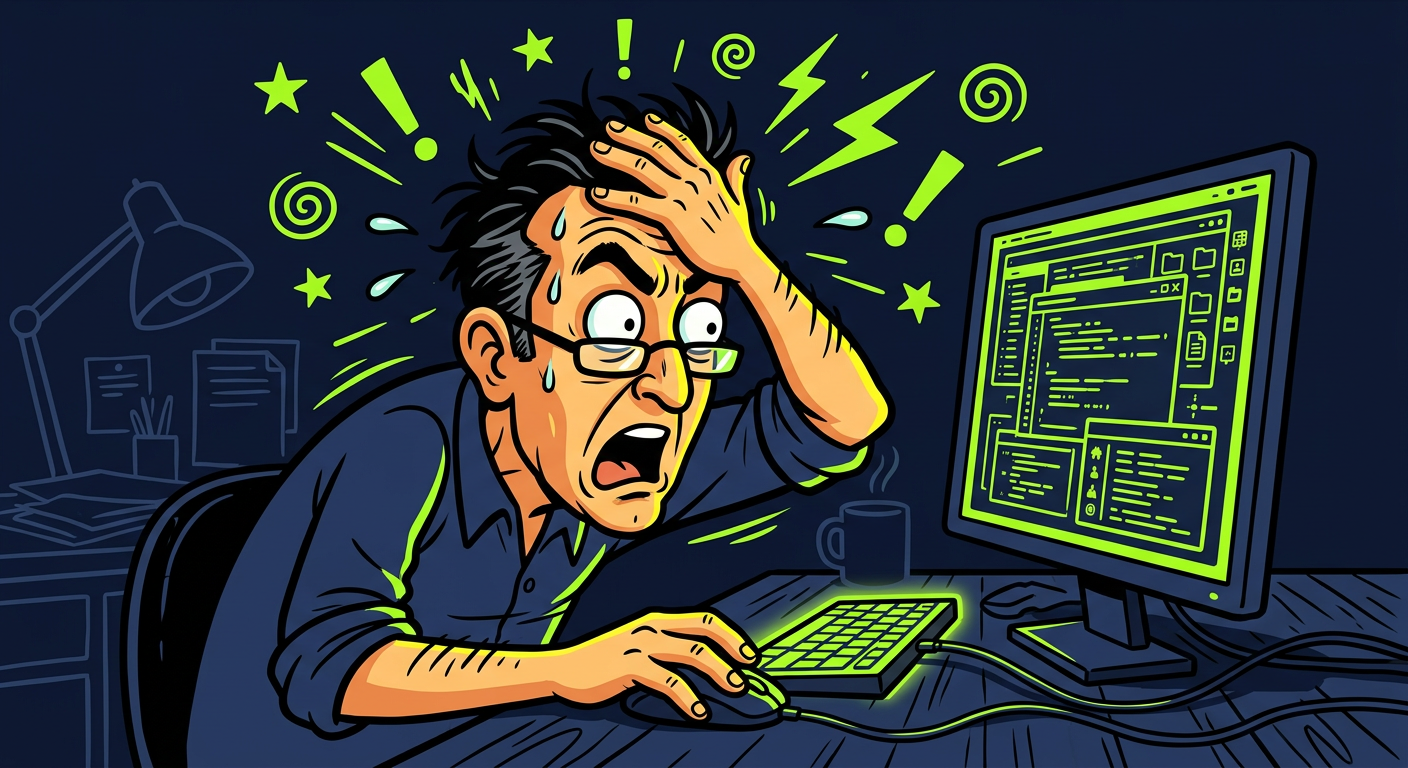 Man staring intensely at a computer screen before slapping his forehead in realization