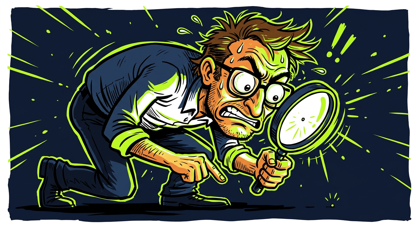Man holding up a magnifying glass searching for something tiny