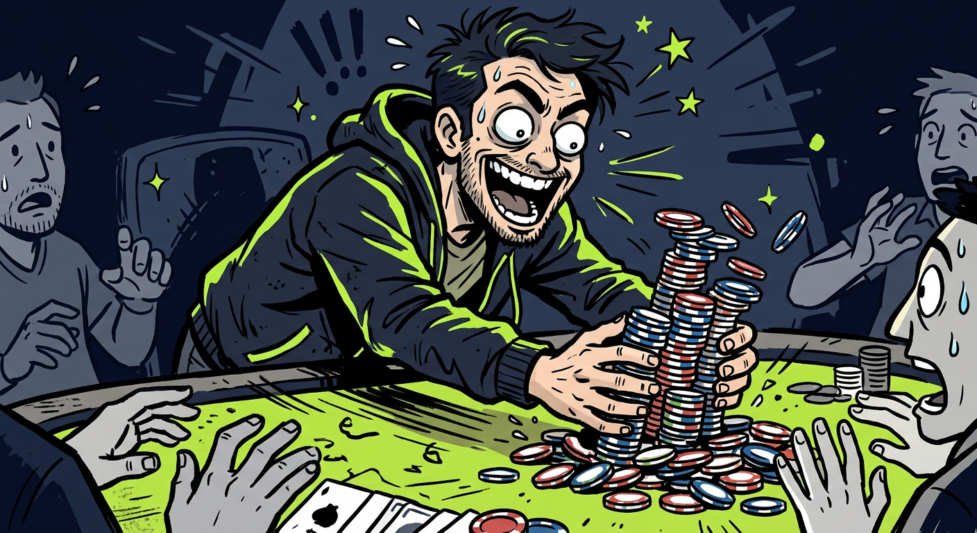 Person sliding a stack of poker chips to the center of the table
