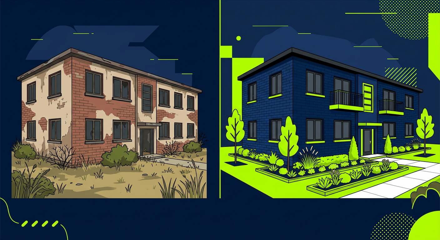 Before and after photo of a renovated 12-unit apartment building exterior showing new paint and landscaping
