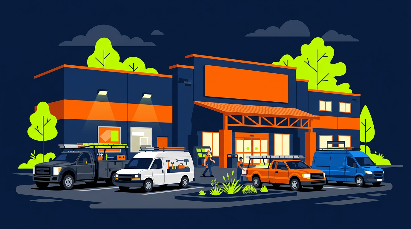 A modern Home Depot storefront with contractor trucks parked outside
