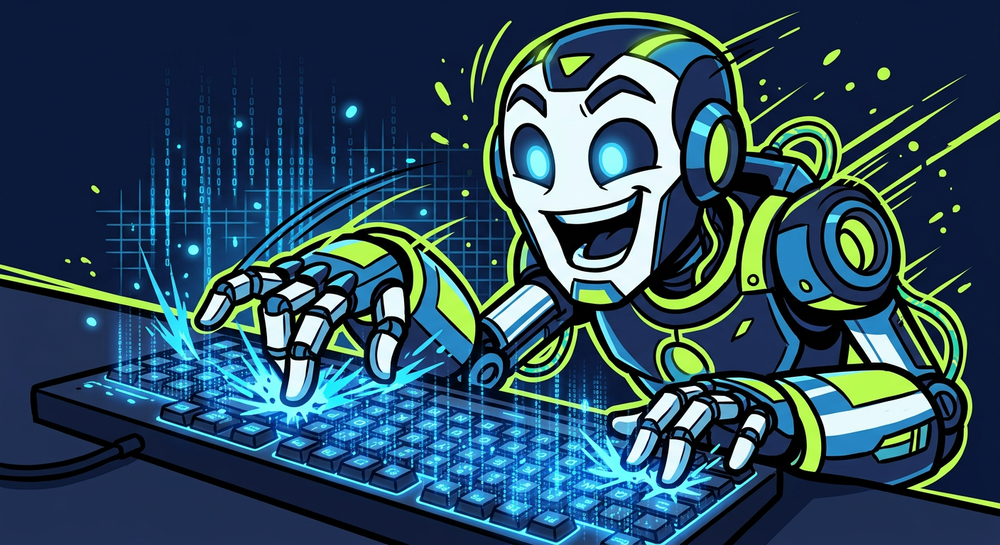 Robot hand typing rapidly on a keyboard with blue glowing matrix light