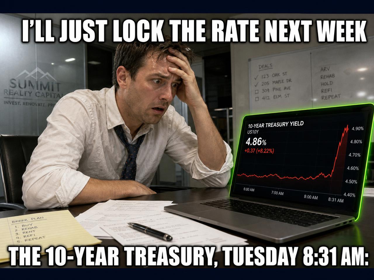 Meme: an investor panics as the 10-year Treasury spikes right after he decides to lock his rate next week