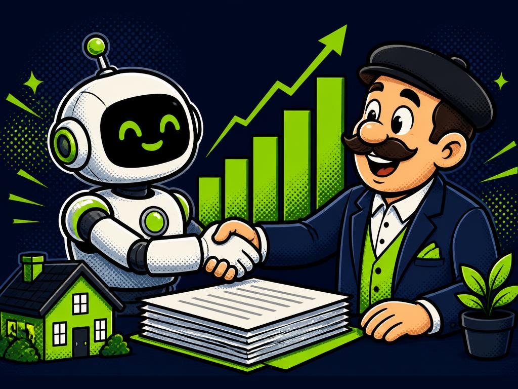 Cartoon AI robot shaking hands with a landlord over paperwork and a rising chart